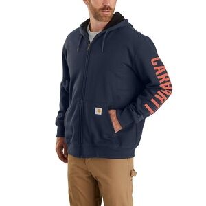 Carhartt Dark Blue Rain Defender Fleece Lined Zip-Up Hoodie with Red Sleeve Logo